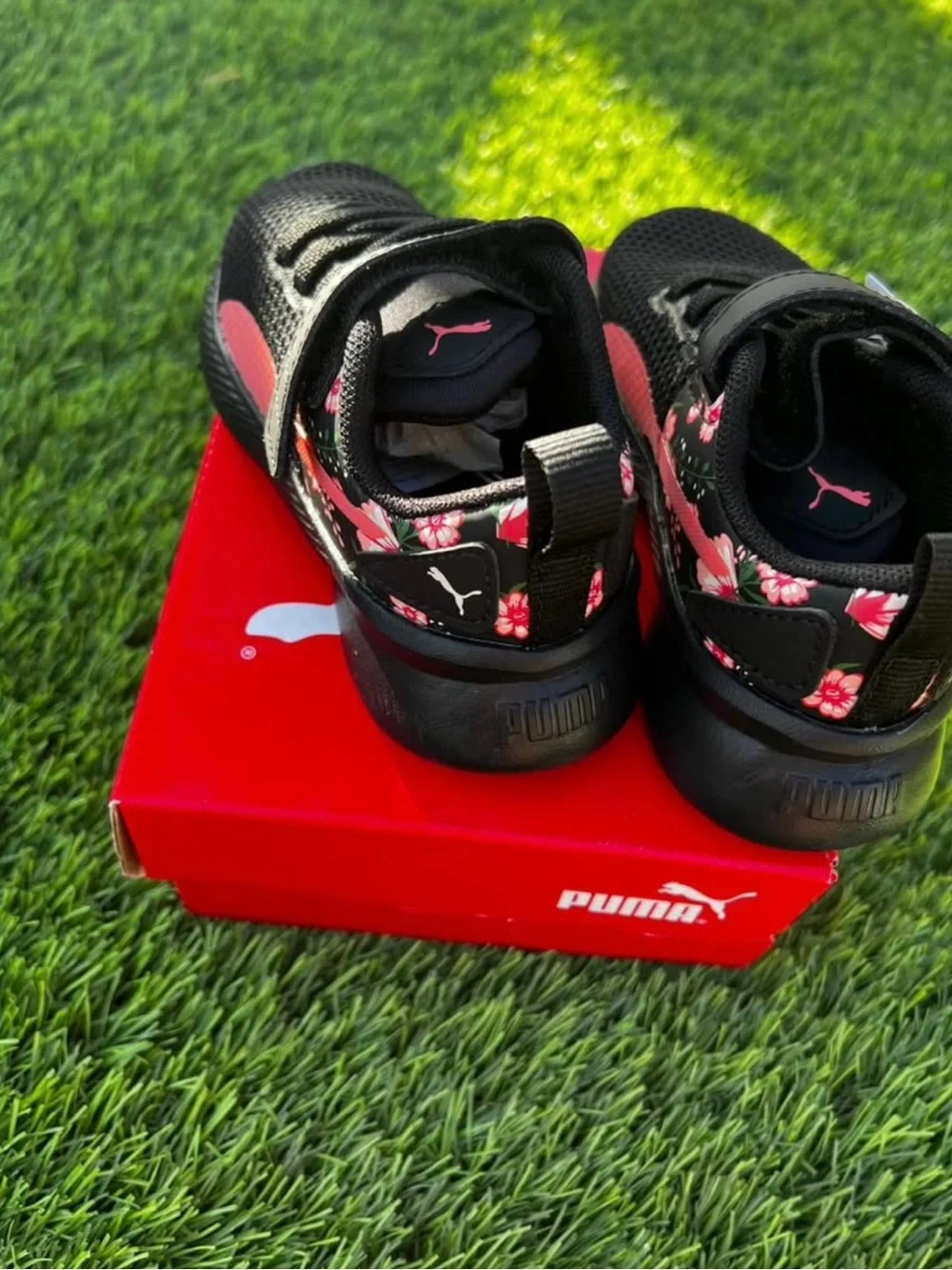 Puma Kids Black Sneakers with Pink Floral Accents